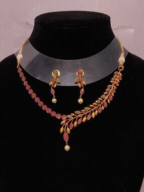 Elegant Gold-Tone Leaf Necklace and Earring Set with Pink and Green Accents
